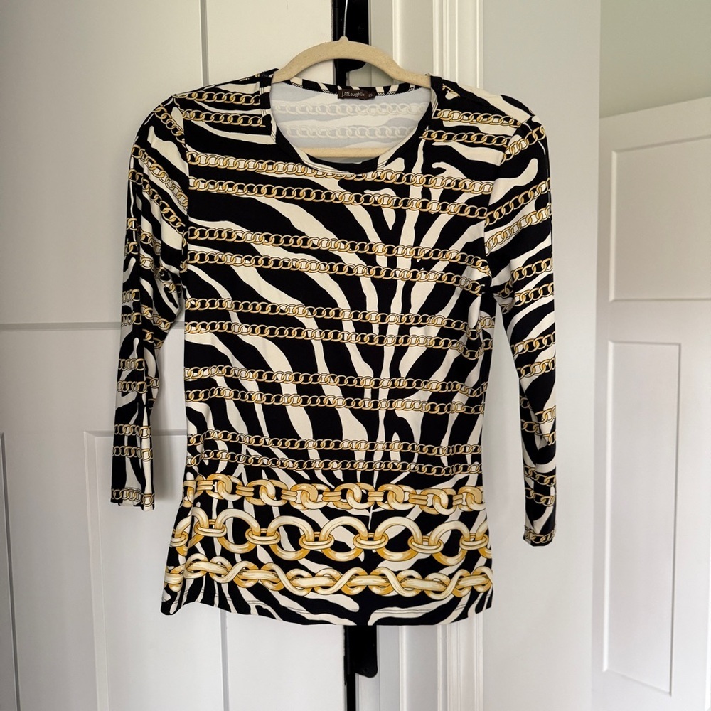 J. McLaughlin Catalina Black Gold Chain Print Top